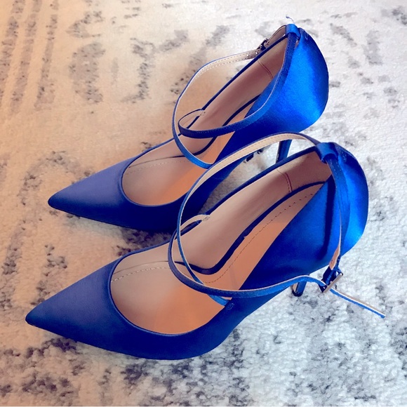 NWT Zara Strappy Satin Heels in Cobalt Blue - Picture 3 of 16
